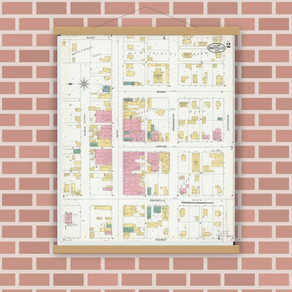 Old map wall art mockup — magnetic wood frame on brick wall — Sanborn Fire Insurance Map from Montpelier, Williams County, Ohio (1905), Sheet #0002