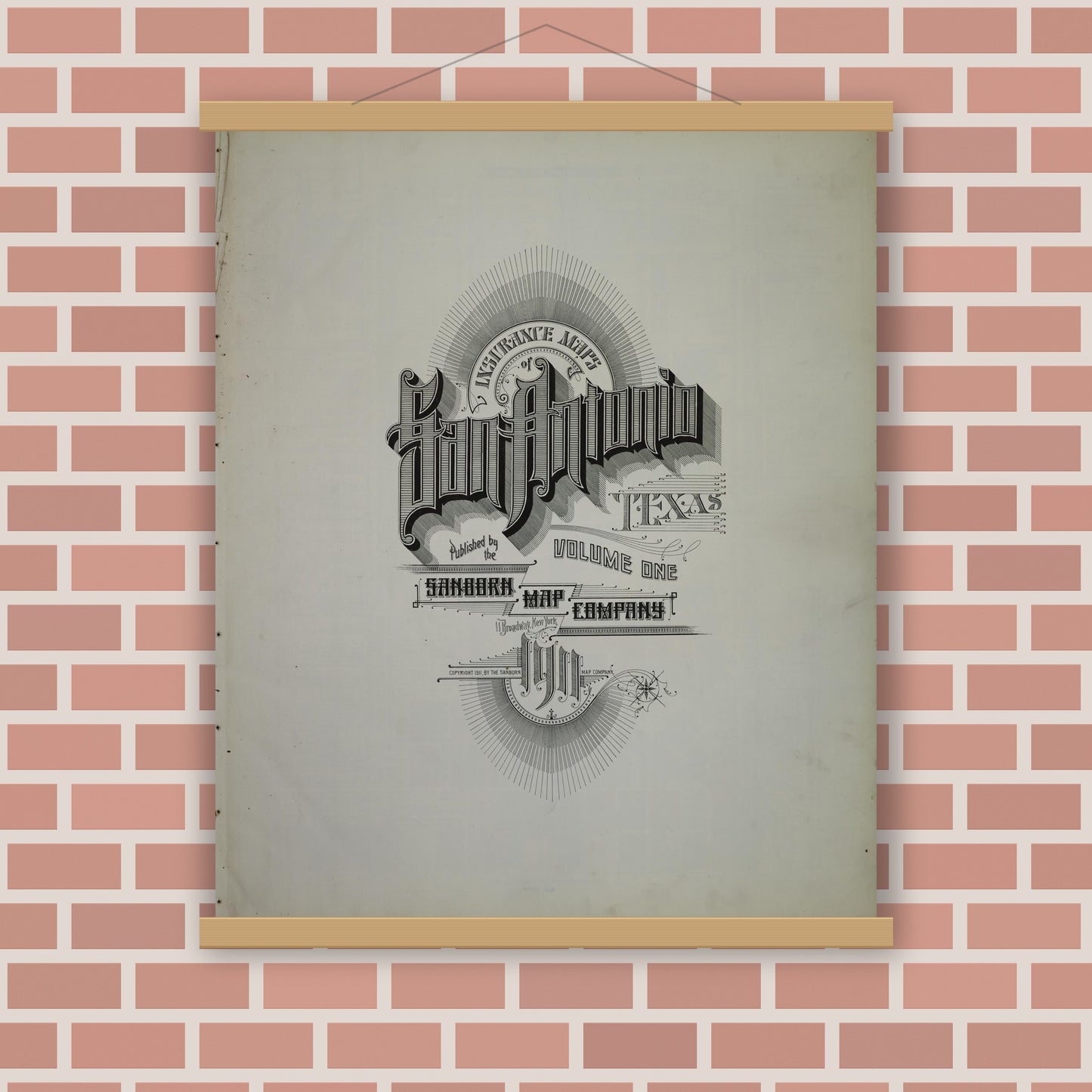 Old map wall art mockup — magnetic wood frame on brick wall — Sanborn Fire Insurance Map from San Antonio, Bexar County, Texas (1911), Sheet #0001