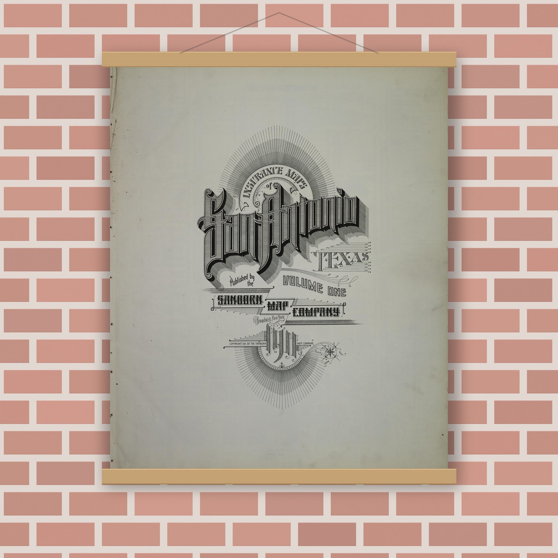 Old map wall art mockup — magnetic wood frame on brick wall — Sanborn Fire Insurance Map from San Antonio, Bexar County, Texas (1911), Sheet #0001