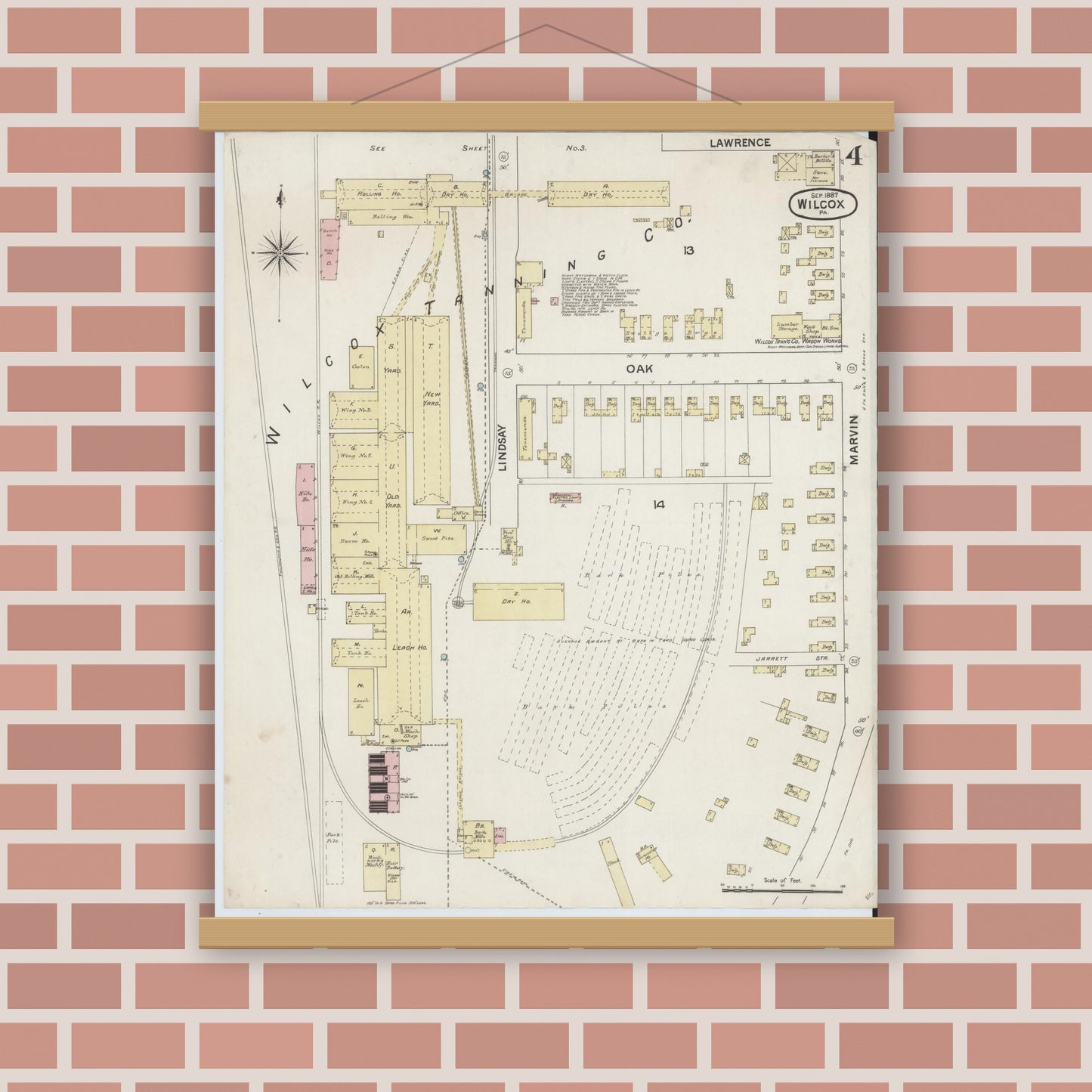 Old map wall art mockup — magnetic wood frame on brick wall — Sanborn Fire Insurance Map from Wilcox, Elk County, Pennsylvania (1887), Sheet #0004