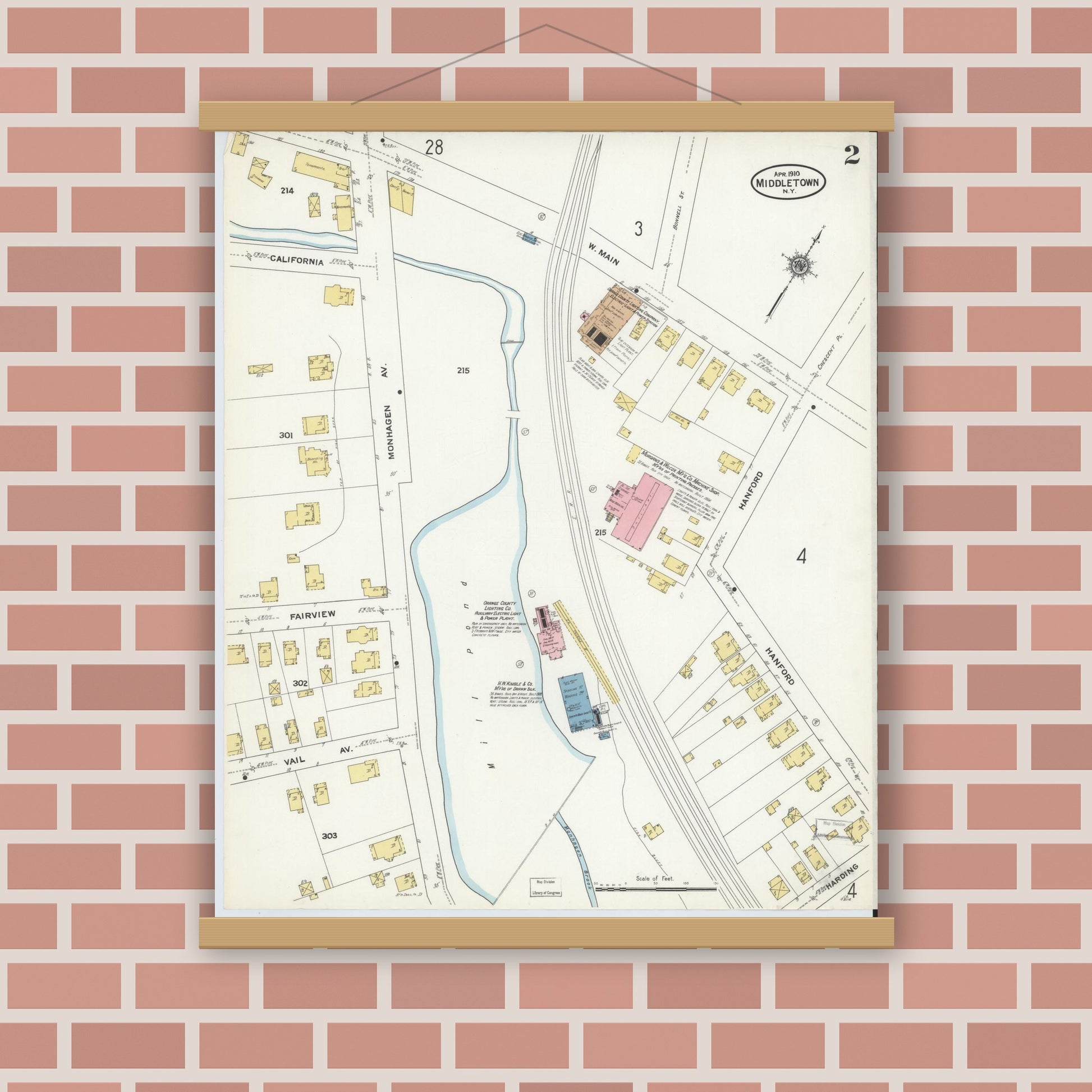 Old map wall art mockup — magnetic wood frame on brick wall — Sanborn Fire Insurance Map from Middletown, Orange County, New York (1910) - Complete Map Set