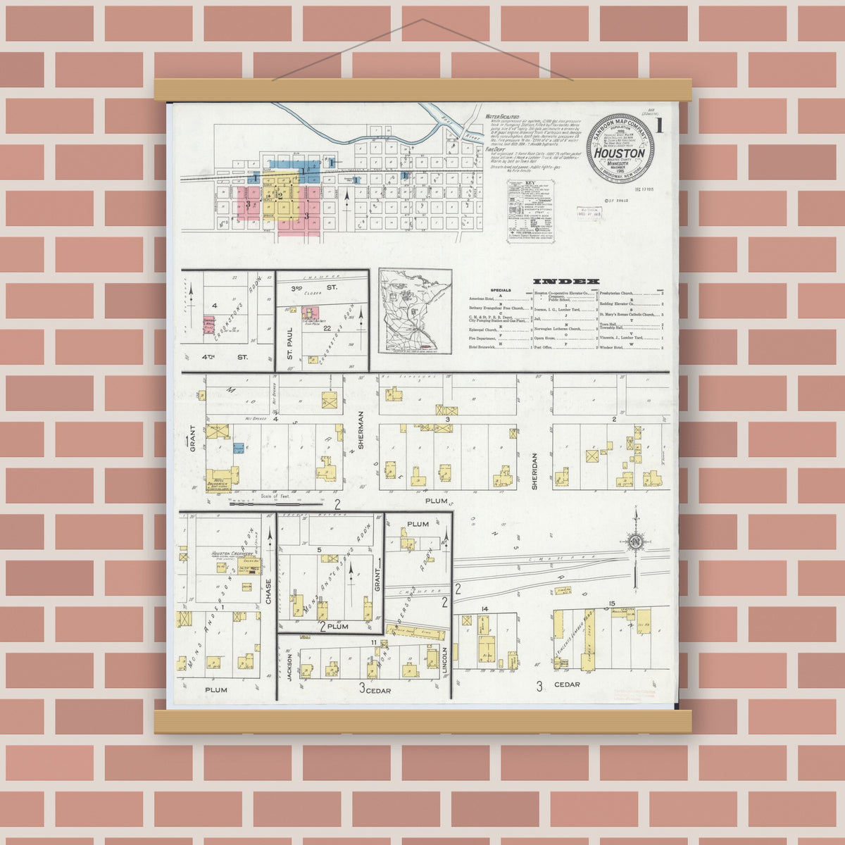 Old map wall art mockup — magnetic wood frame on brick wall — Sanborn Fire Insurance Map from Houston, Houston County, Minnesota (1915) - Complete Map Set