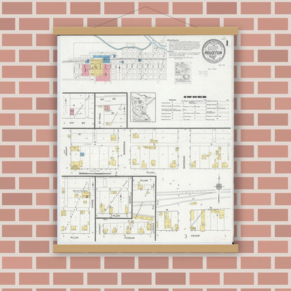 Old map wall art mockup — magnetic wood frame on brick wall — Sanborn Fire Insurance Map from Houston, Houston County, Minnesota (1915) - Complete Map Set