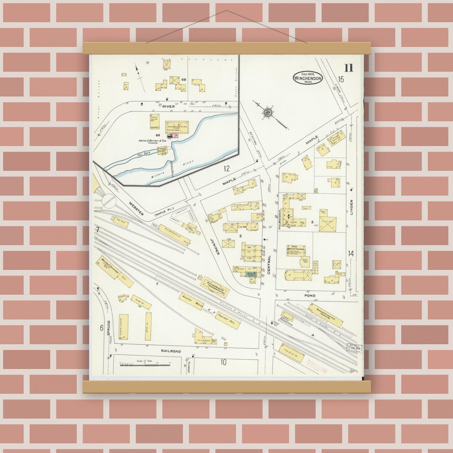 Old map wall art mockup — magnetic wood frame on brick wall — Sanborn Fire Insurance Map from Winchendon, Worcester County, Massachusetts (1909), Sheet #0011
