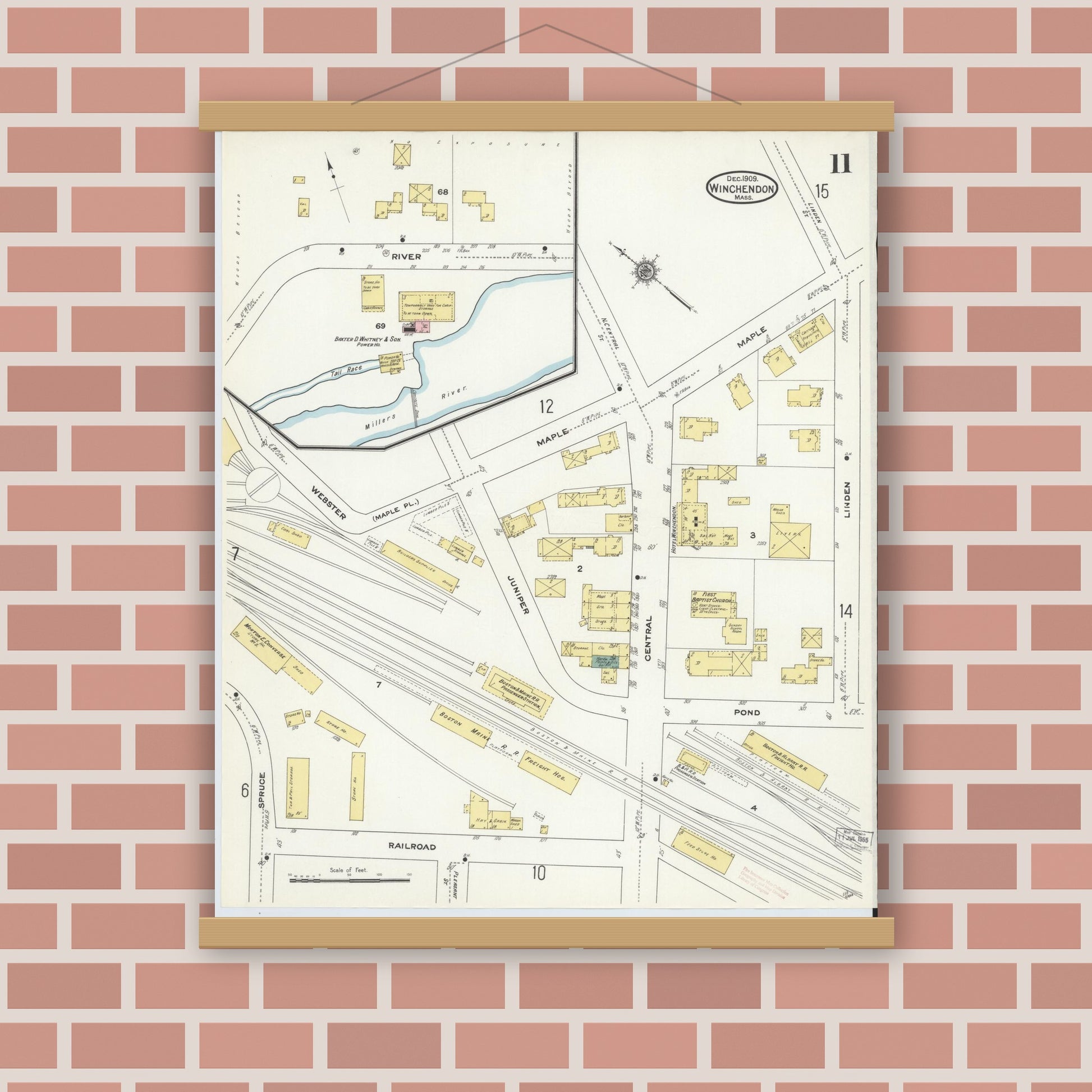 Old map wall art mockup — magnetic wood frame on brick wall — Sanborn Fire Insurance Map from Winchendon, Worcester County, Massachusetts (1909), Sheet #0011