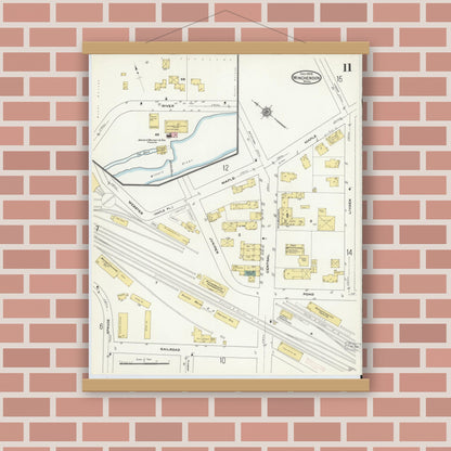 Old map wall art mockup — magnetic wood frame on brick wall — Sanborn Fire Insurance Map from Winchendon, Worcester County, Massachusetts (1909), Sheet #0011