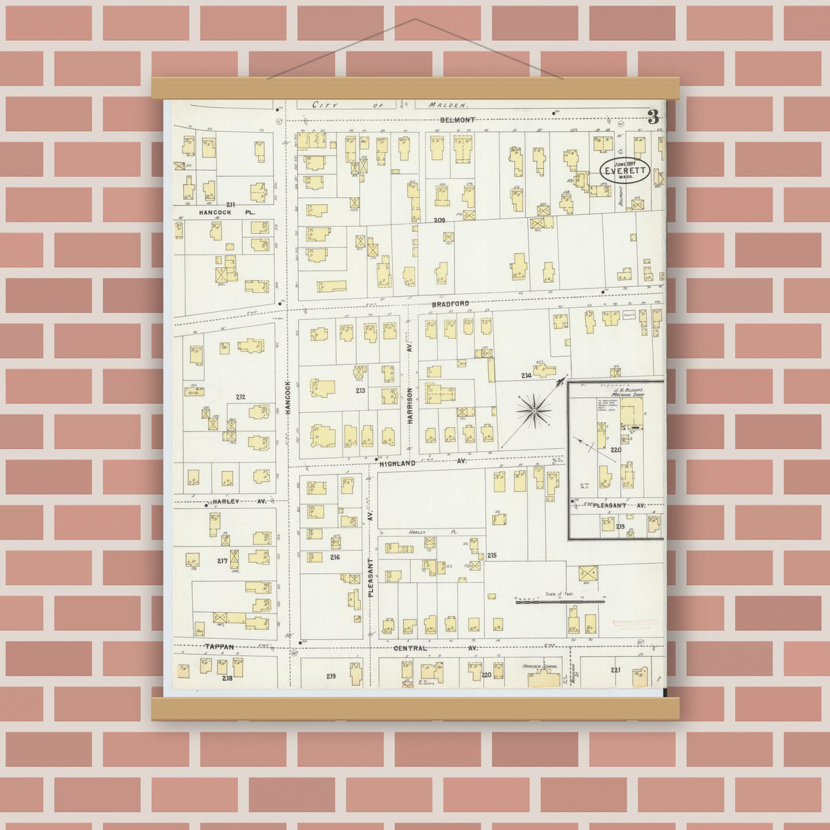 Old map wall art mockup — magnetic wood frame on brick wall — Sanborn Fire Insurance Map from Everett, Middlesex County, Massachusetts (1897), Sheet #0003