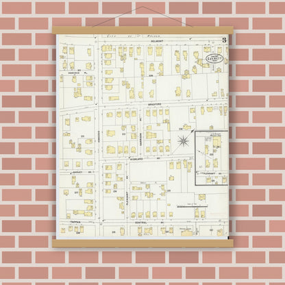 Old map wall art mockup — magnetic wood frame on brick wall — Sanborn Fire Insurance Map from Everett, Middlesex County, Massachusetts (1897), Sheet #0003