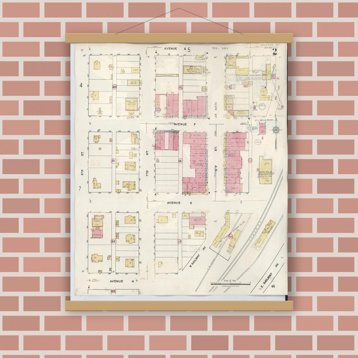 Old map wall art mockup — magnetic wood frame on brick wall — Sanborn Fire Insurance Map from Midlothian, Ellis County, Texas (1944), Sheet #0002