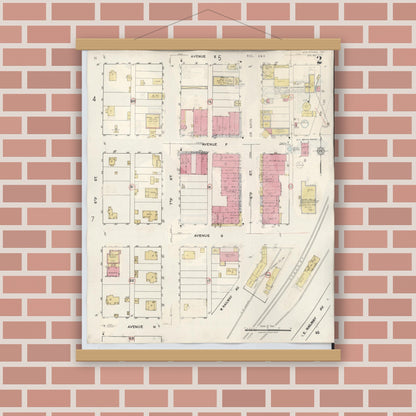 Old map wall art mockup — magnetic wood frame on brick wall — Sanborn Fire Insurance Map from Midlothian, Ellis County, Texas (1944), Sheet #0002