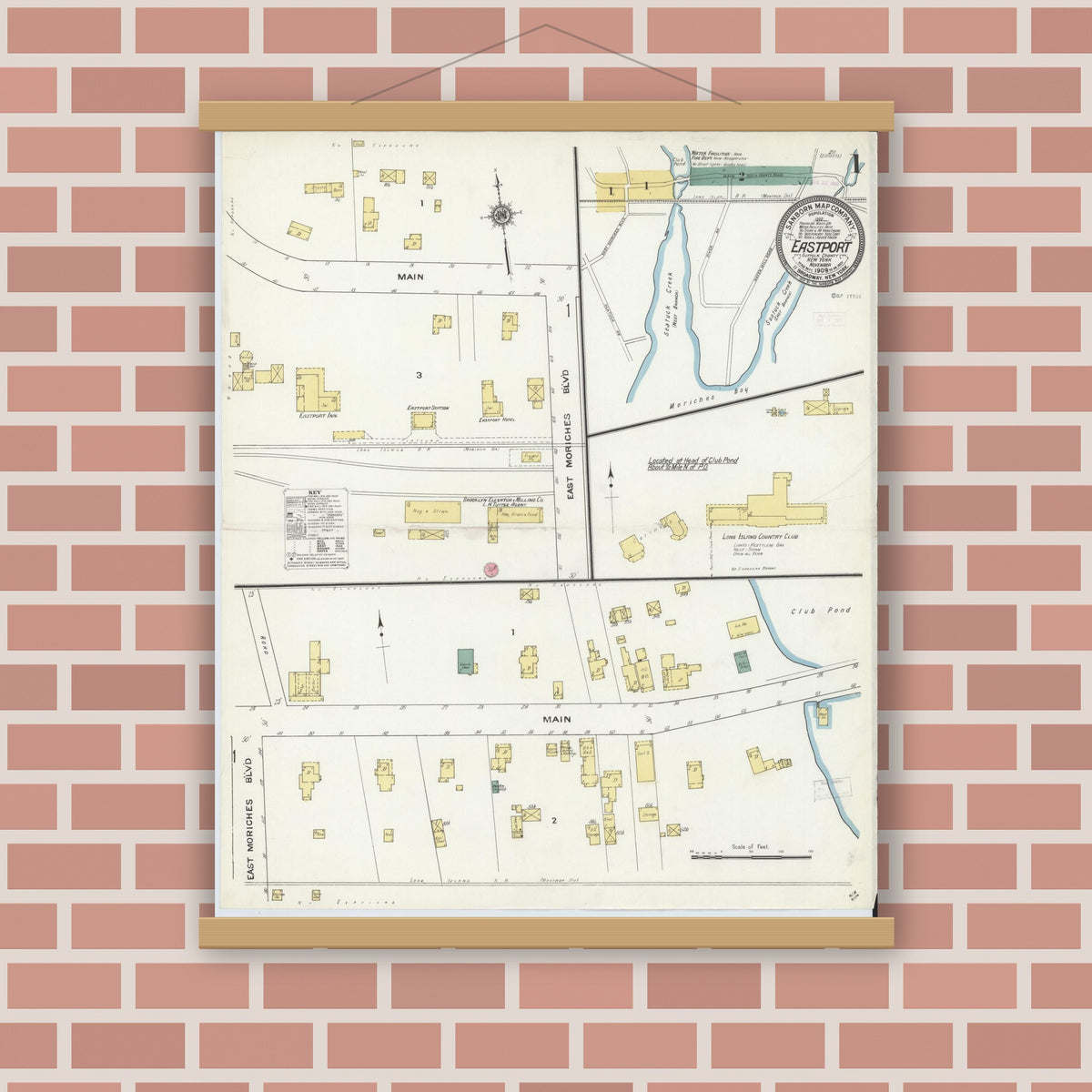 Old map wall art mockup — magnetic wood frame on brick wall — Sanborn Fire Insurance Map from Eastport, Suffolk County, New York (1909), Sheet #0001