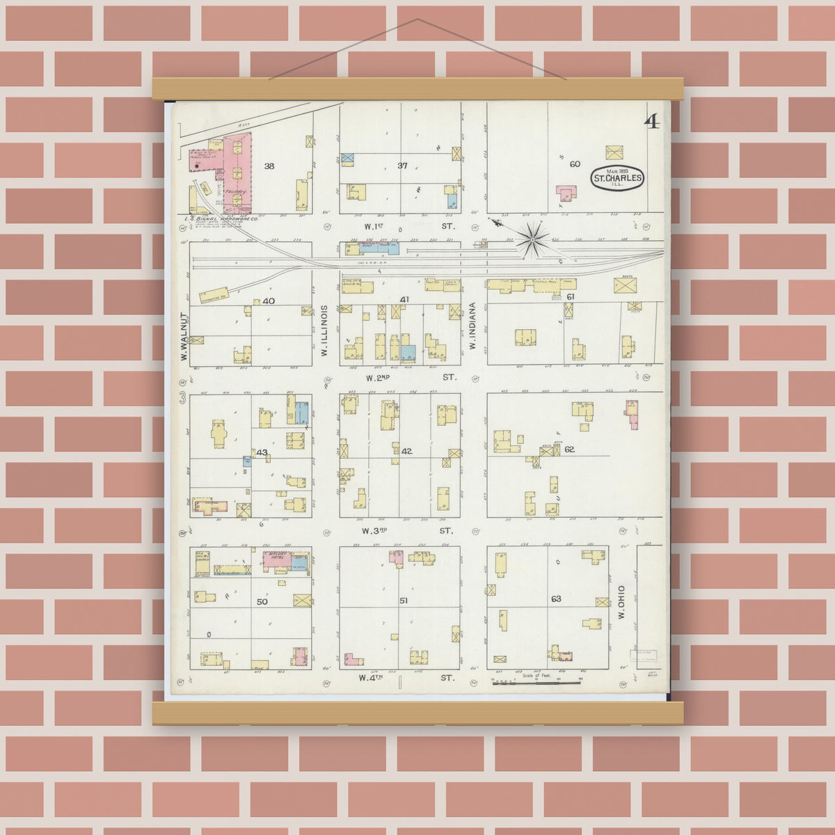 Old map wall art mockup — magnetic wood frame on brick wall — Sanborn Fire Insurance Map from Saint Charles, Kane County, Illinois (1893), Sheet #0004