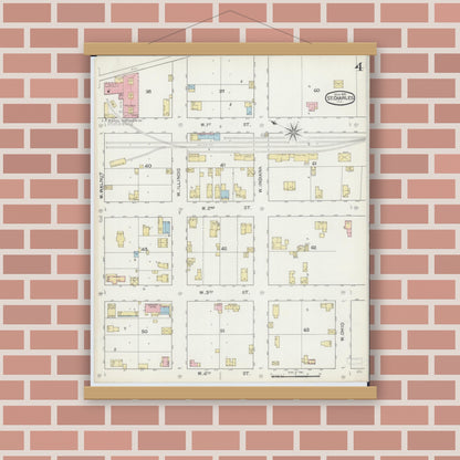Old map wall art mockup — magnetic wood frame on brick wall — Sanborn Fire Insurance Map from Saint Charles, Kane County, Illinois (1893), Sheet #0004