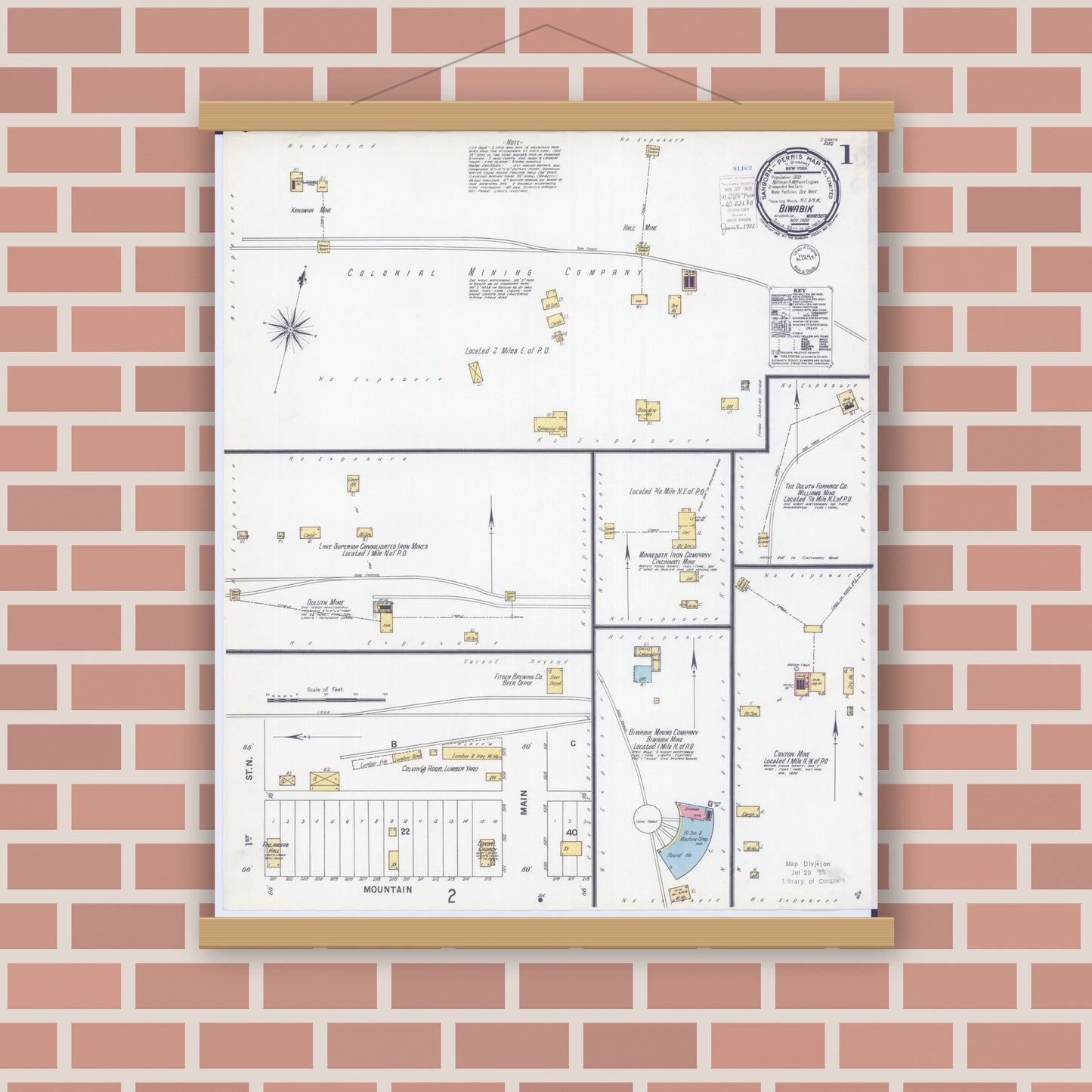 Old map wall art mockup — magnetic wood frame on brick wall — Sanborn Fire Insurance Map from Biwabik, Saint Louis County, Minnesota (1900) - Complete Map Set