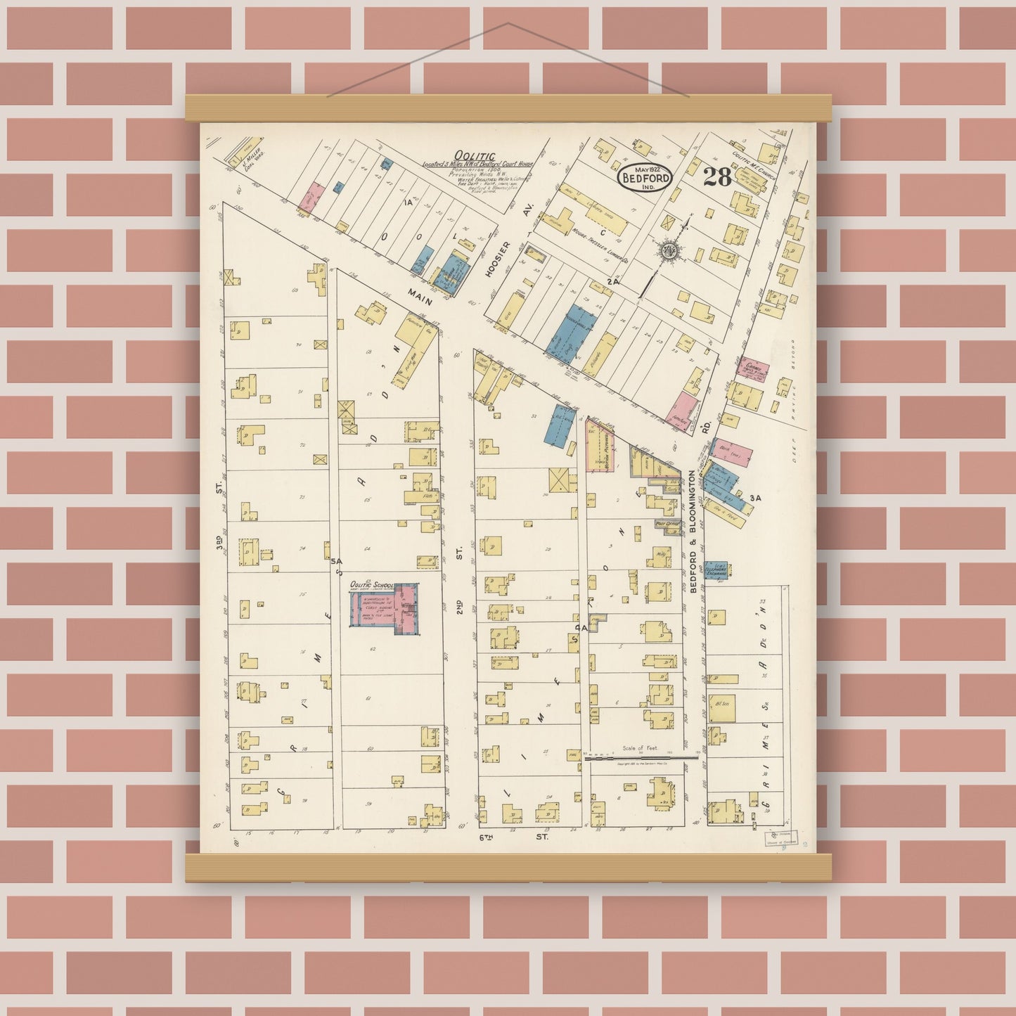Old map wall art mockup — magnetic wood frame on brick wall — Sanborn Fire Insurance Map from Bedford, Lawrence County, Indiana (1922), Sheet #0028