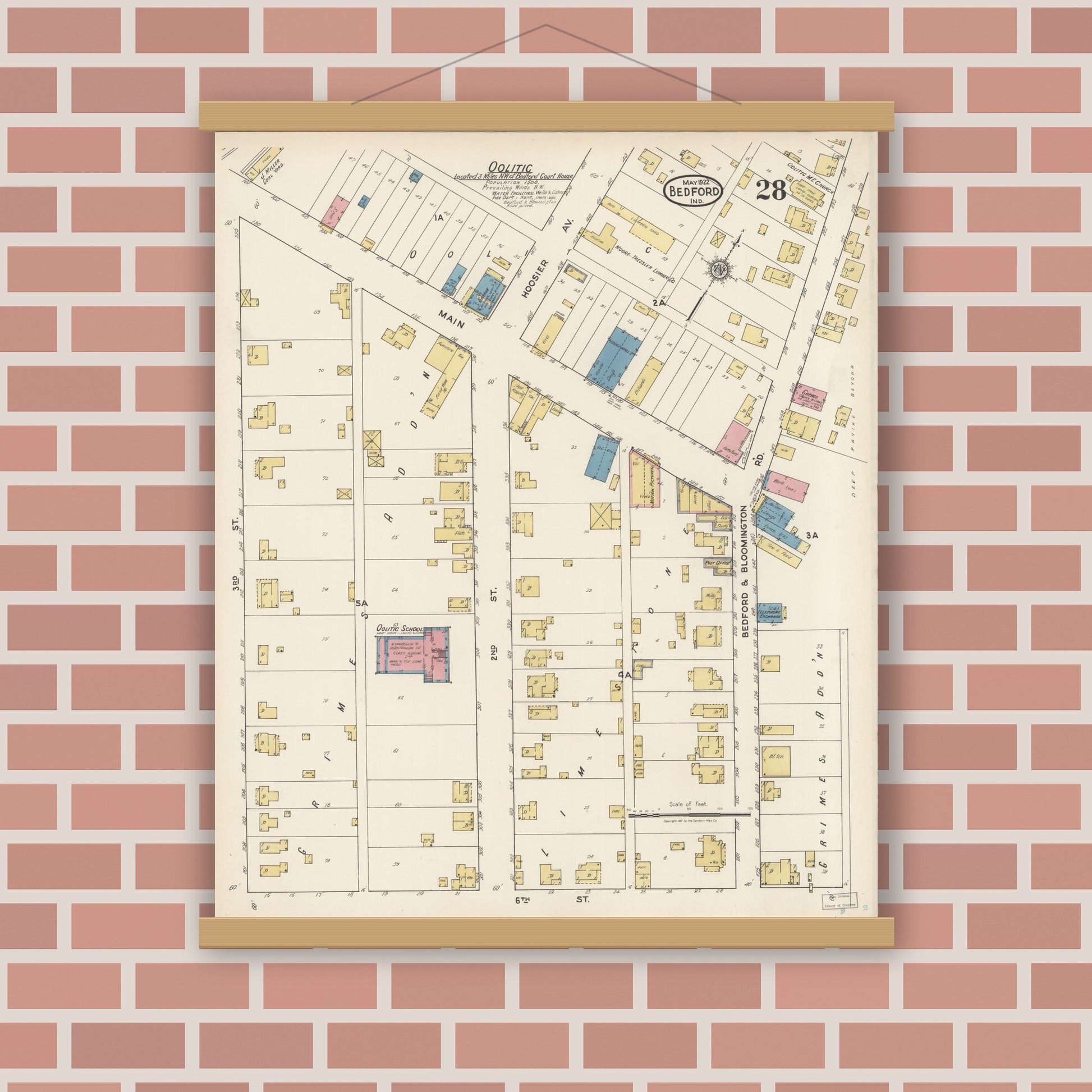 Old map wall art mockup — magnetic wood frame on brick wall — Sanborn Fire Insurance Map from Bedford, Lawrence County, Indiana (1922), Sheet #0028