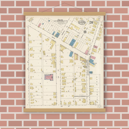Old map wall art mockup — magnetic wood frame on brick wall — Sanborn Fire Insurance Map from Bedford, Lawrence County, Indiana (1922), Sheet #0028