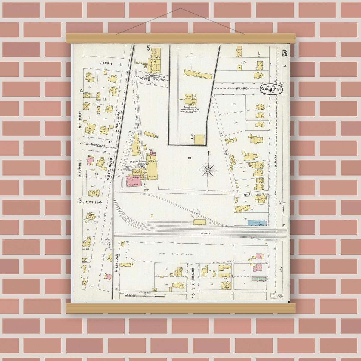 Old map wall art mockup — magnetic wood frame on brick wall — Sanborn Fire Insurance Map from Kendallville, Noble County, Indiana (1896), Sheet #0005