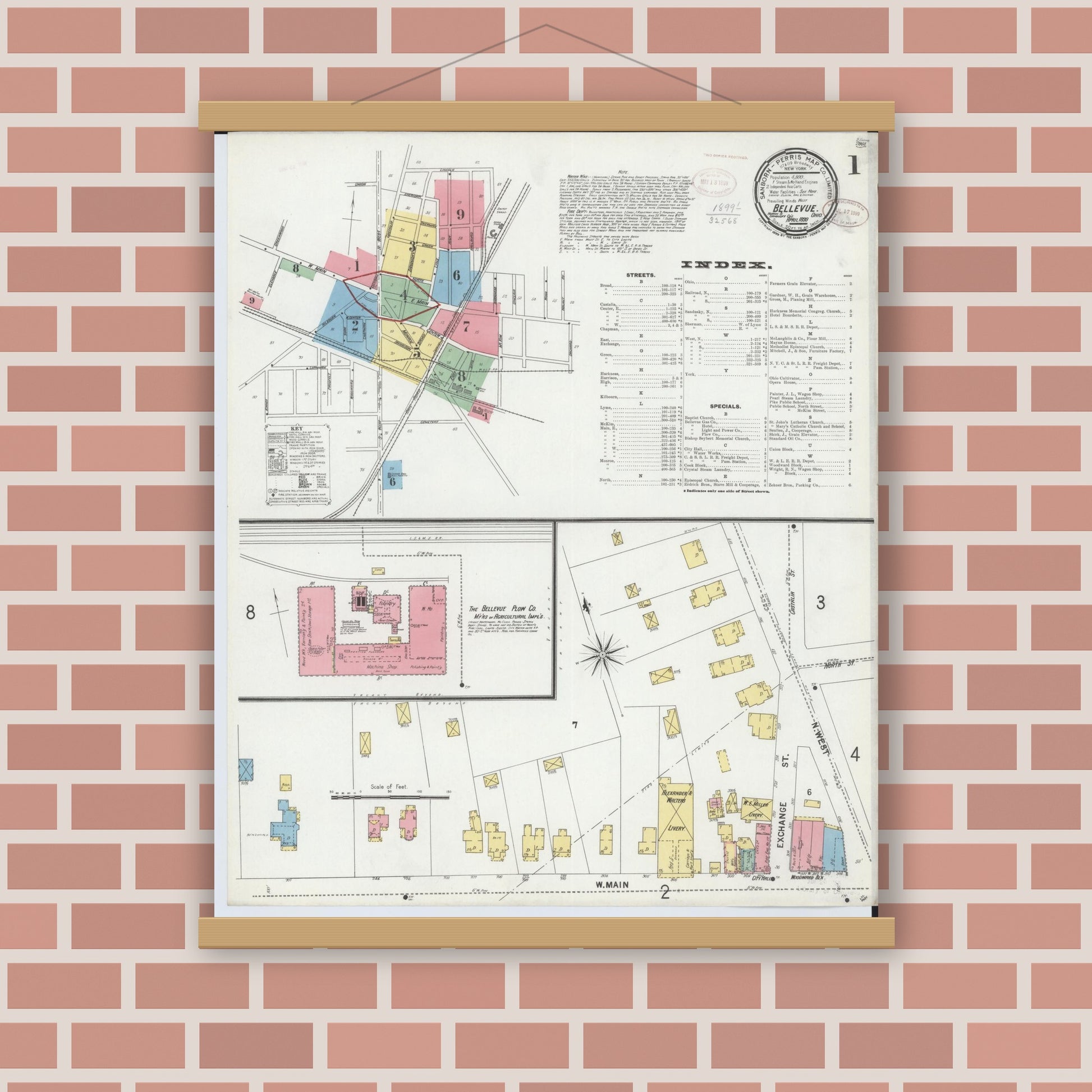 Old map wall art mockup — magnetic wood frame on brick wall — Sanborn Fire Insurance Map from Bellevue, Huron And Sandusky County, Ohio (1899), Sheet #0001