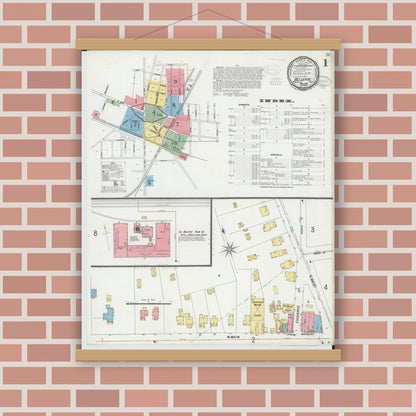 Old map wall art mockup — magnetic wood frame on brick wall — Sanborn Fire Insurance Map from Bellevue, Huron And Sandusky County, Ohio (1899), Sheet #0001