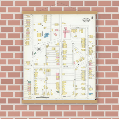 Old map wall art mockup — magnetic wood frame on brick wall — Sanborn Fire Insurance Map from Lewistown, Mifflin County, Pennsylvania (1904), Sheet #0002