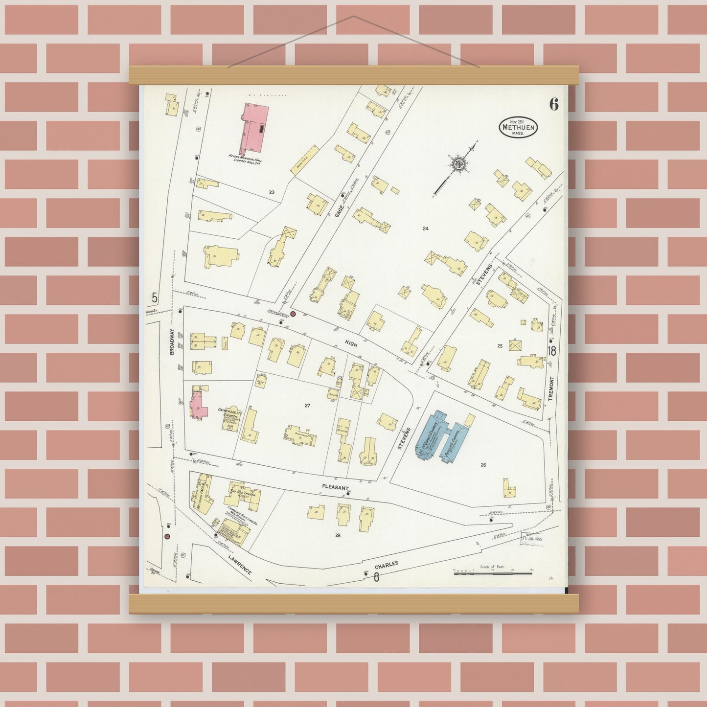 Old map wall art mockup — magnetic wood frame on brick wall — Sanborn Fire Insurance Map from Methuen, Essex County, Massachusetts (1911), Sheet #0006