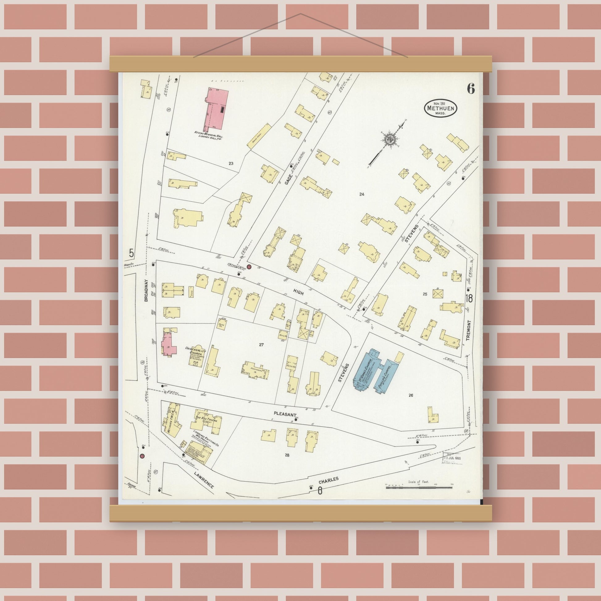 Old map wall art mockup — magnetic wood frame on brick wall — Sanborn Fire Insurance Map from Methuen, Essex County, Massachusetts (1911), Sheet #0006