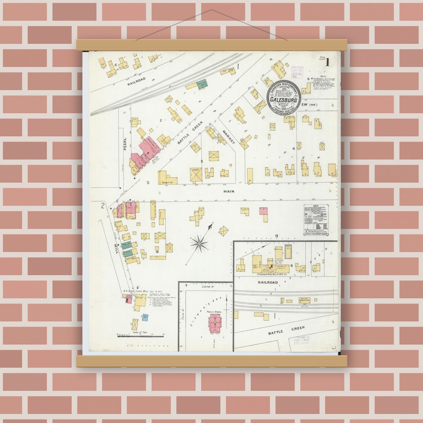 Old map wall art mockup — magnetic wood frame on brick wall — Sanborn Fire Insurance Map from Galesburg, Kalamazoo County, Michigan (1906) - Complete Map Set
