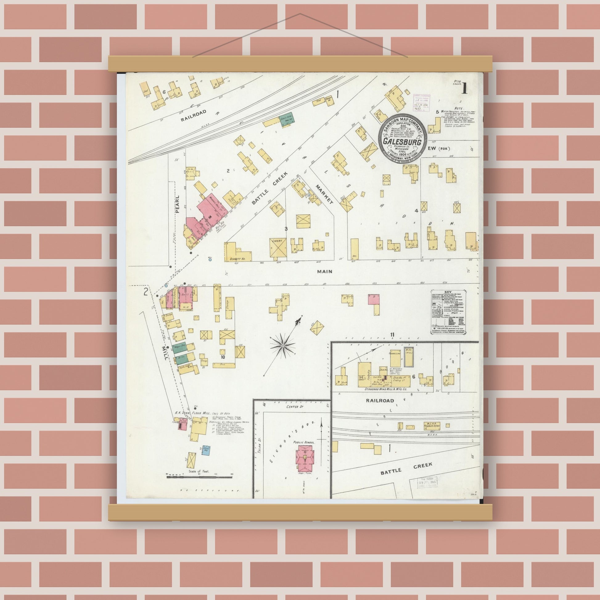 Old map wall art mockup — magnetic wood frame on brick wall — Sanborn Fire Insurance Map from Galesburg, Kalamazoo County, Michigan (1906) - Complete Map Set