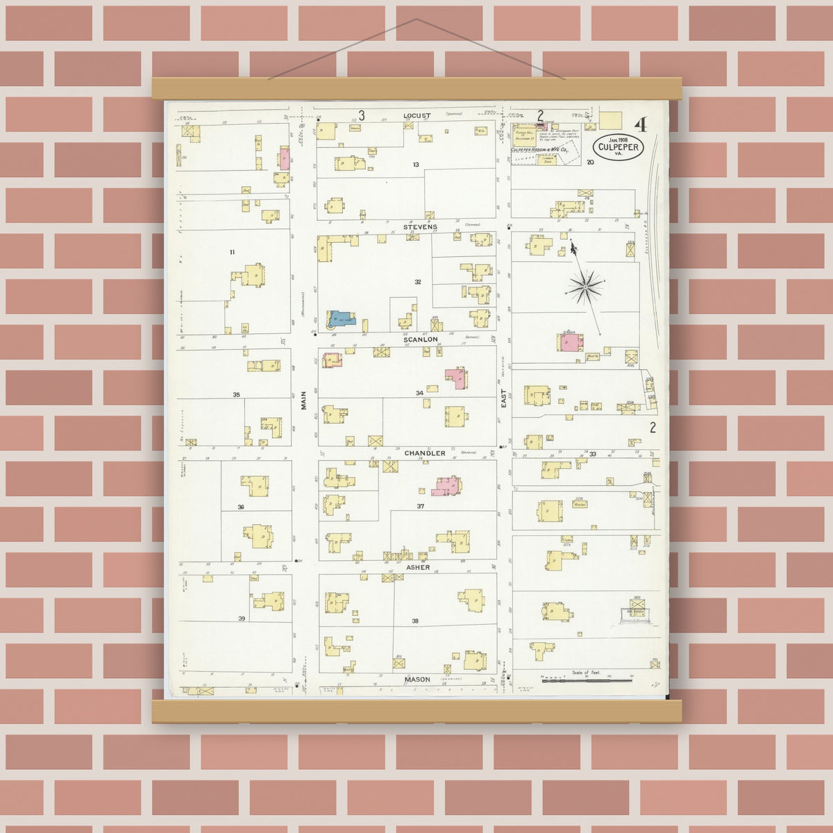 Old map wall art mockup — magnetic wood frame on brick wall — Sanborn Fire Insurance Map from Culpeper, Culpeper County, Virginia (1908), Sheet #0004