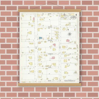 Old map wall art mockup — magnetic wood frame on brick wall — Sanborn Fire Insurance Map from Culpeper, Culpeper County, Virginia (1908), Sheet #0004