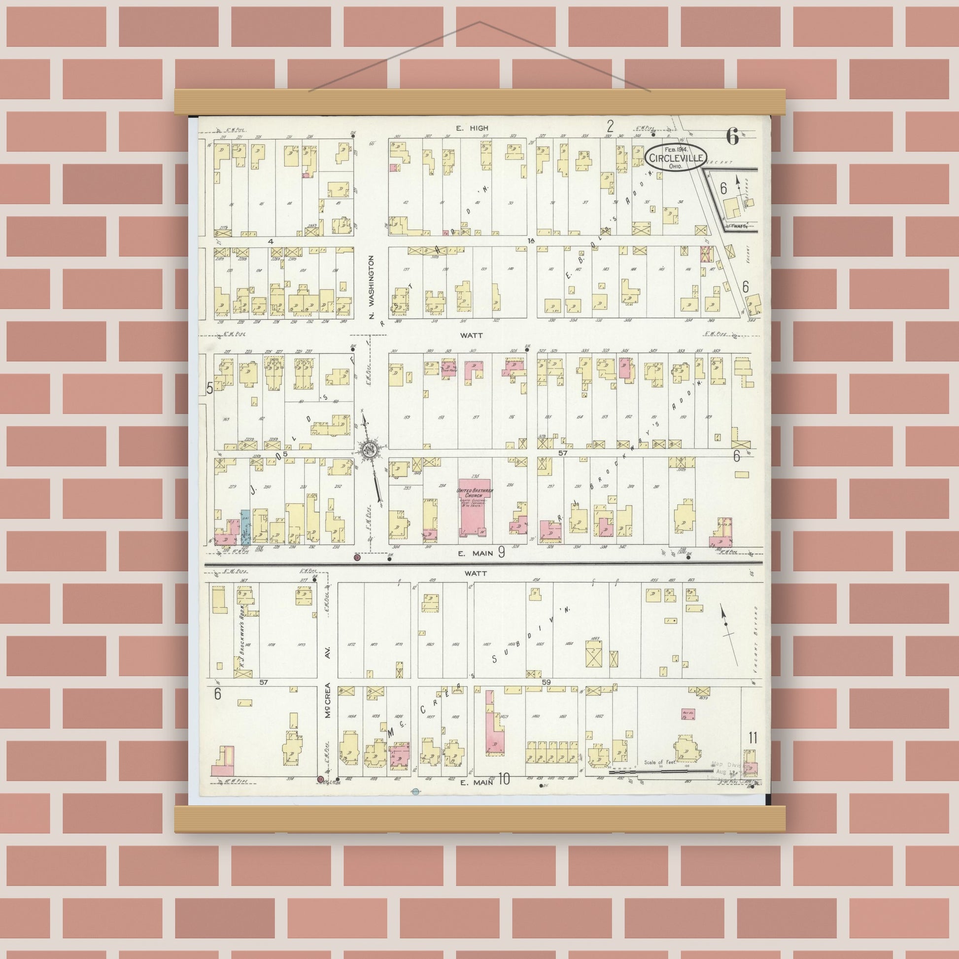Old map wall art mockup — magnetic wood frame on brick wall — Sanborn Fire Insurance Map from Circleville, Pickaway County, Ohio (1914), Sheet #0006
