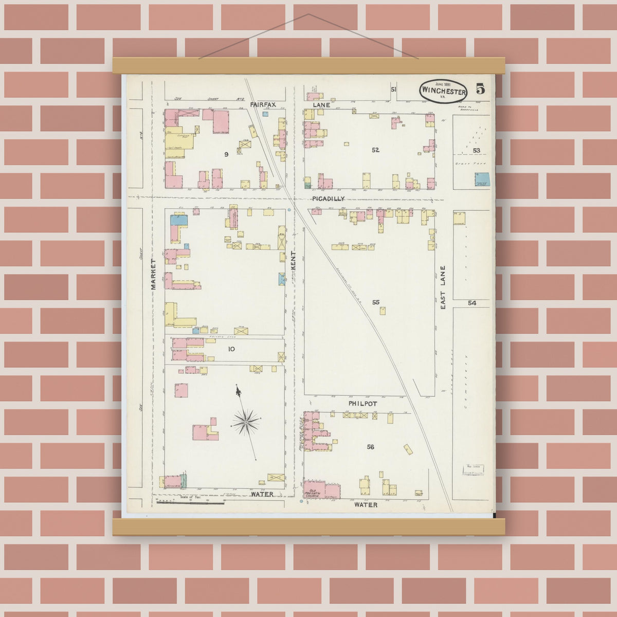 Old map wall art mockup — magnetic wood frame on brick wall — Sanborn Fire Insurance Map from Winchester, Independent Cities, Virginia (1891), Sheet #0005