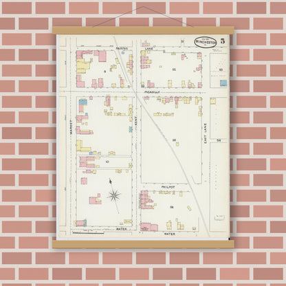 Old map wall art mockup — magnetic wood frame on brick wall — Sanborn Fire Insurance Map from Winchester, Independent Cities, Virginia (1891), Sheet #0005