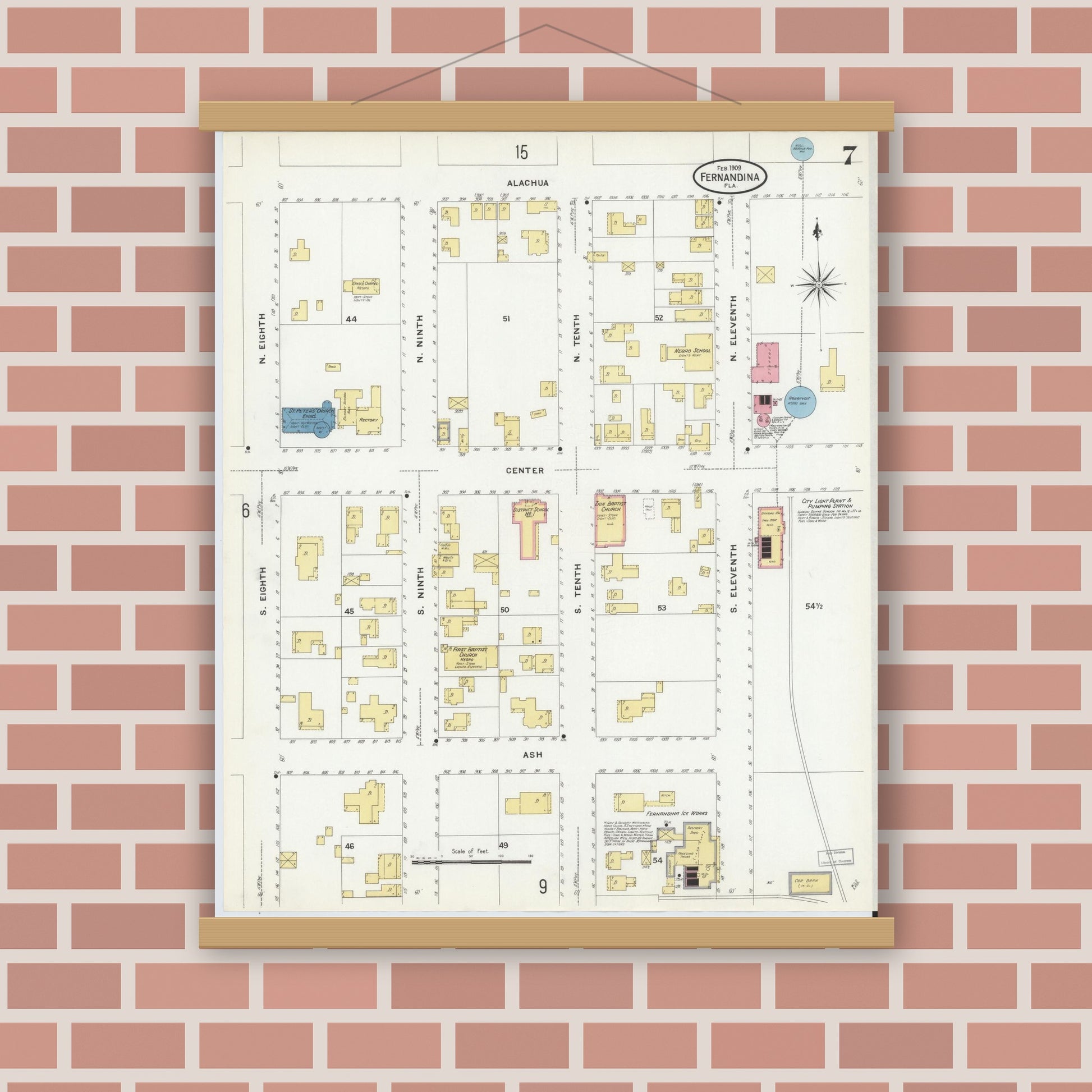 Old map wall art mockup — magnetic wood frame on brick wall — Sanborn Fire Insurance Map from Fernandina, Nassau County, Florida (1909), Sheet #0007