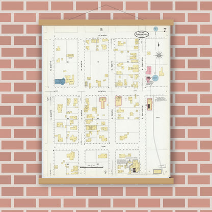 Old map wall art mockup — magnetic wood frame on brick wall — Sanborn Fire Insurance Map from Fernandina, Nassau County, Florida (1909), Sheet #0007
