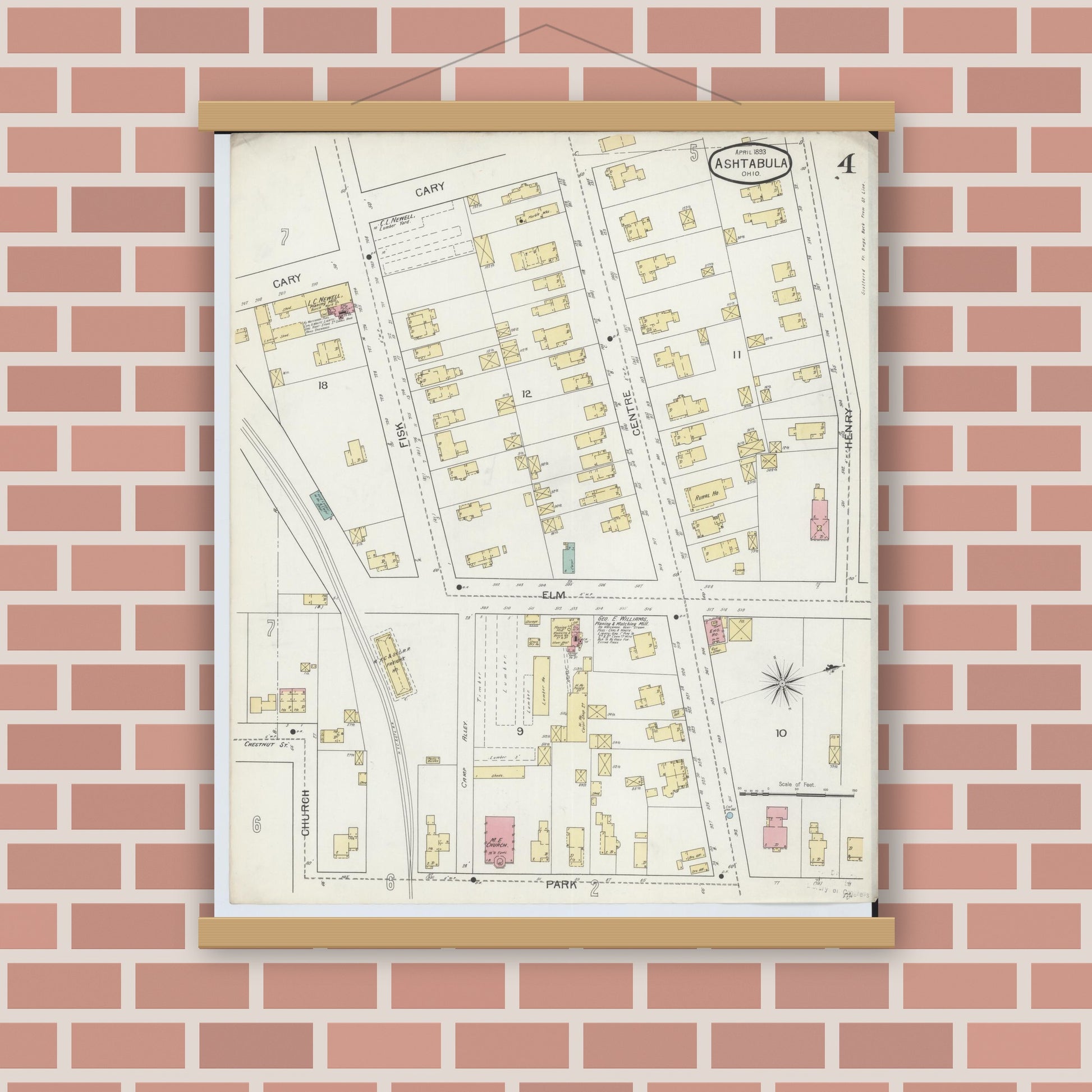 Old map wall art mockup — magnetic wood frame on brick wall — Sanborn Fire Insurance Map from Ashtabula, Ashtabula County, Ohio (1893), Sheet #0004