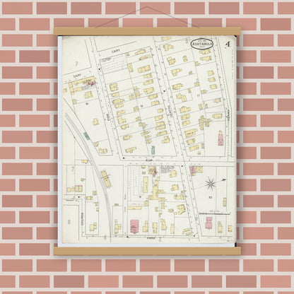 Old map wall art mockup — magnetic wood frame on brick wall — Sanborn Fire Insurance Map from Ashtabula, Ashtabula County, Ohio (1893), Sheet #0004
