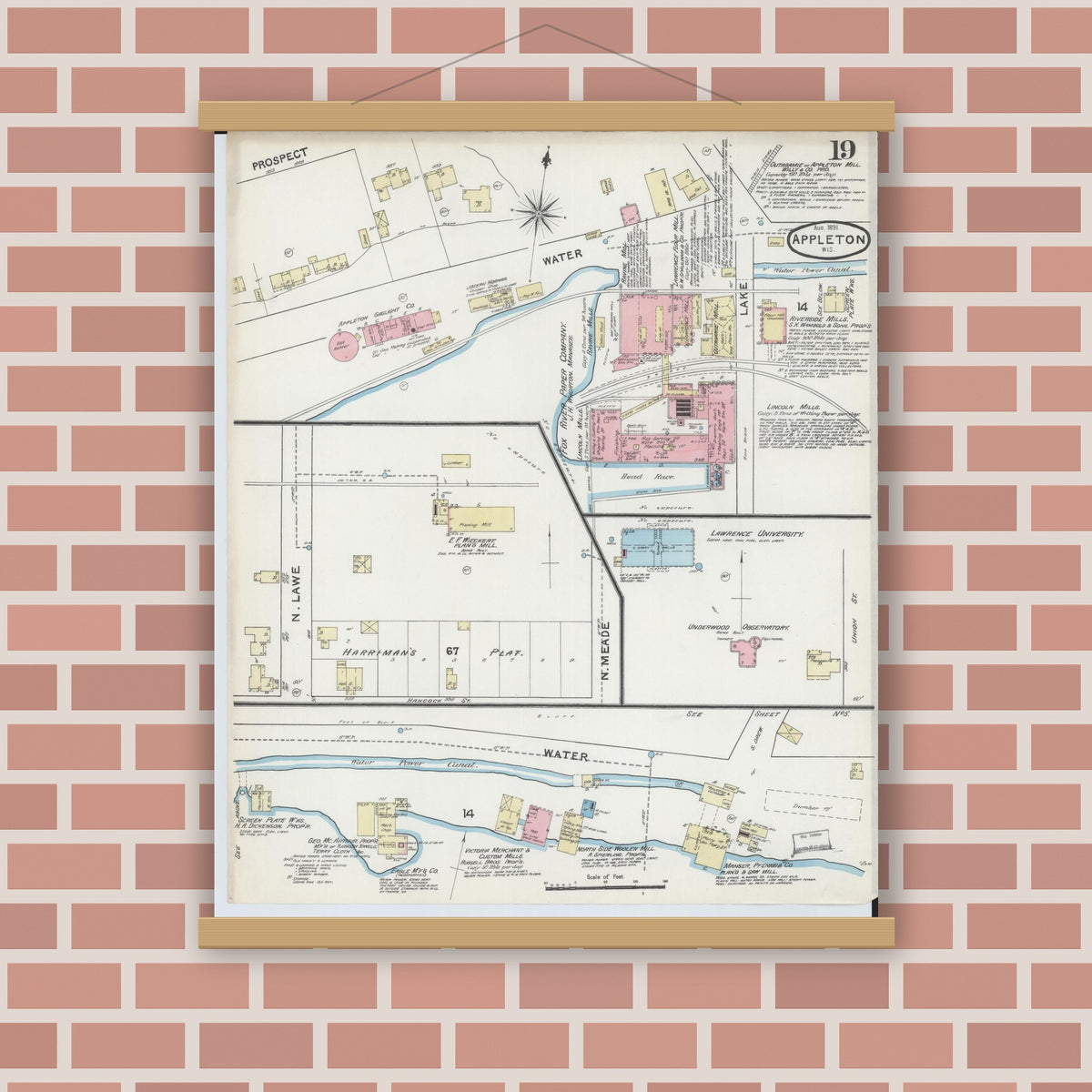 Old map wall art mockup — magnetic wood frame on brick wall — Sanborn Fire Insurance Map from Appleton, Outagamie County, Wisconsin (1891), Sheet #0019