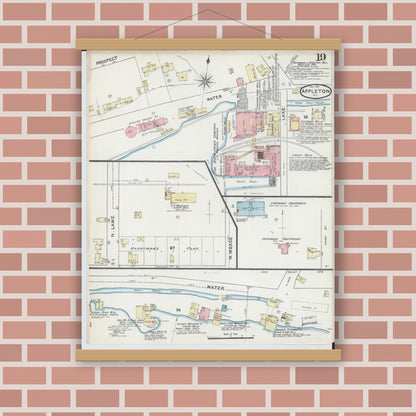 Old map wall art mockup — magnetic wood frame on brick wall — Sanborn Fire Insurance Map from Appleton, Outagamie County, Wisconsin (1891), Sheet #0019