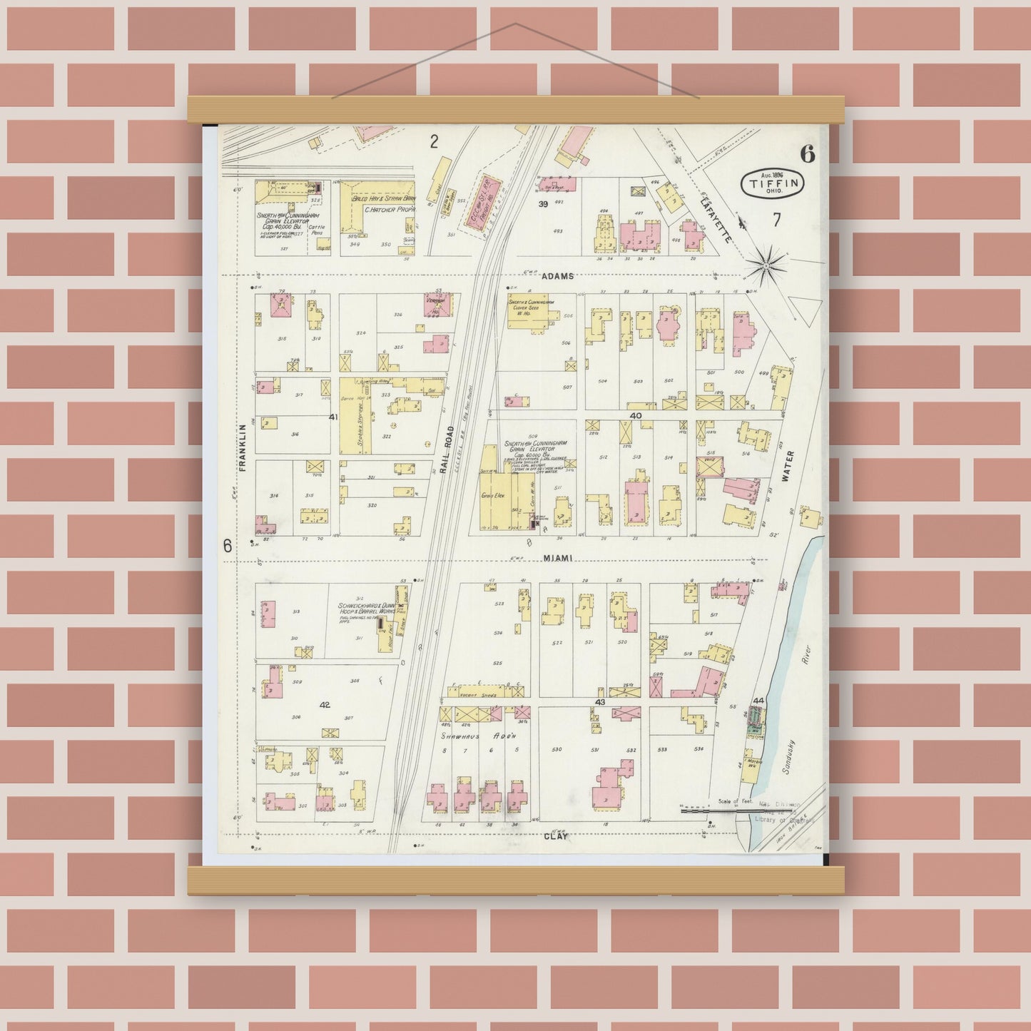 Old map wall art mockup — magnetic wood frame on brick wall — Sanborn Fire Insurance Map from Tiffin, Seneca County, Ohio (1896), Sheet #0006