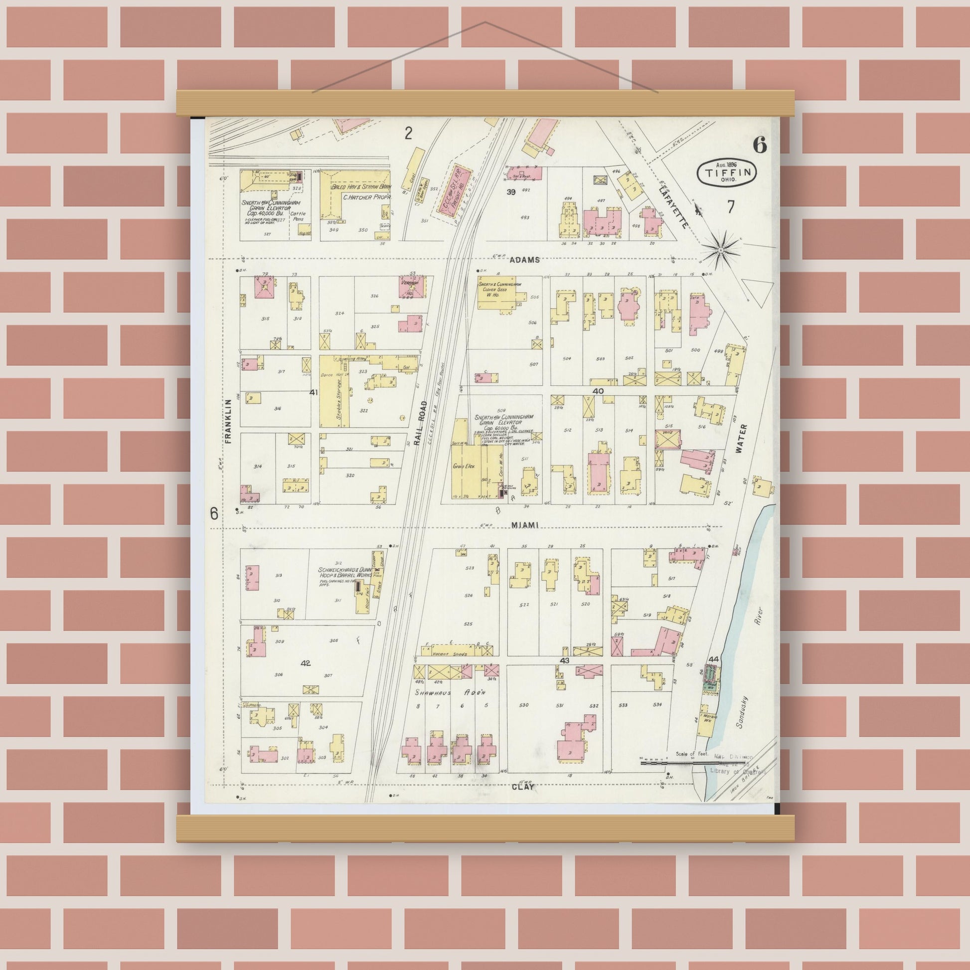 Old map wall art mockup — magnetic wood frame on brick wall — Sanborn Fire Insurance Map from Tiffin, Seneca County, Ohio (1896), Sheet #0006
