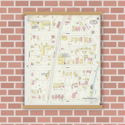 Old map wall art mockup — magnetic wood frame on brick wall — Sanborn Fire Insurance Map from Tiffin, Seneca County, Ohio (1896), Sheet #0006