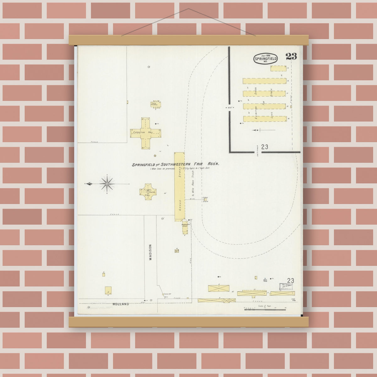 Old map wall art mockup — magnetic wood frame on brick wall — Sanborn Fire Insurance Map from Springfield, Greene County, Missouri (1896), Sheet #0023