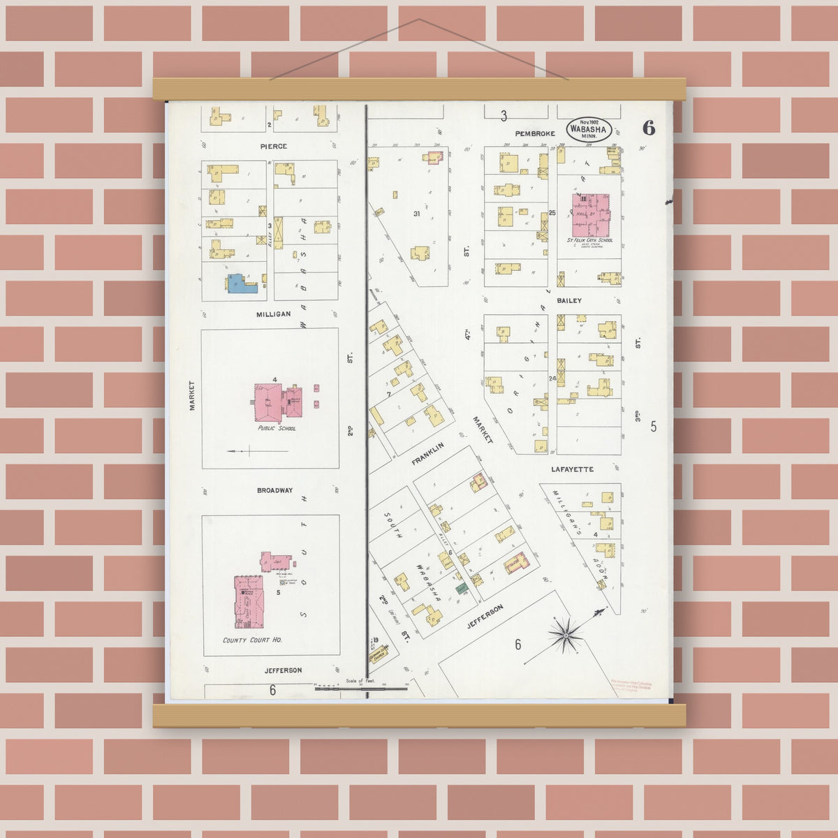 Old map wall art mockup — magnetic wood frame on brick wall — Sanborn Fire Insurance Map from Wabasha, Wabasha County, Minnesota (1902), Sheet #0006