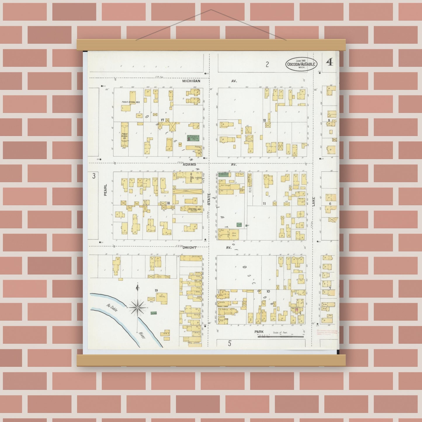 Old map wall art mockup — magnetic wood frame on brick wall — Sanborn Fire Insurance Map from Oscoda, Iosco County, Michigan (1901), Sheet #0004
