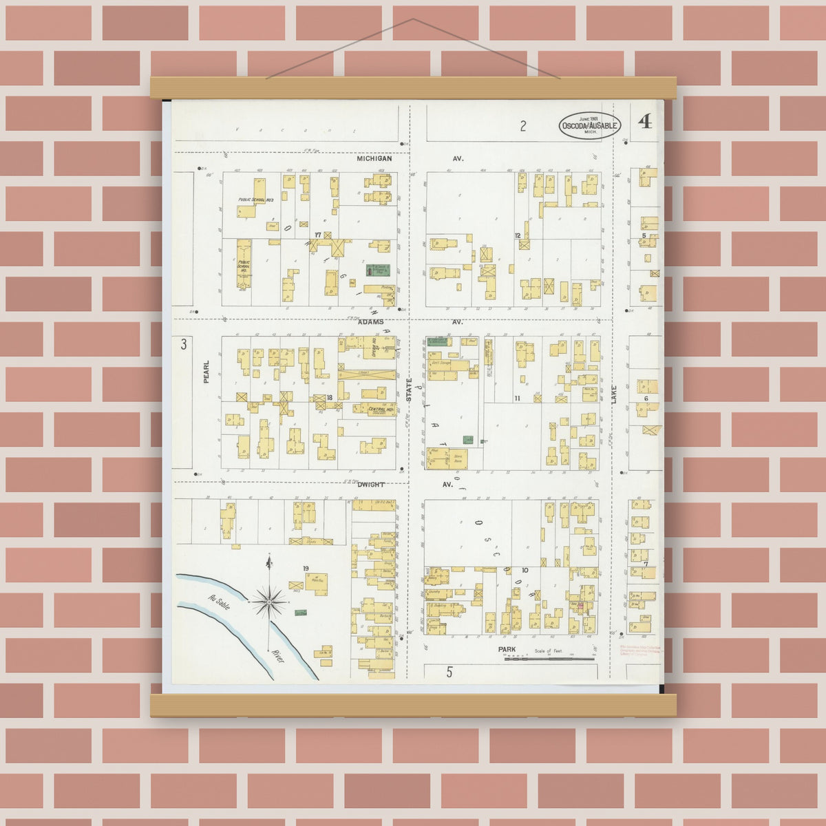 Old map wall art mockup — magnetic wood frame on brick wall — Sanborn Fire Insurance Map from Oscoda, Iosco County, Michigan (1901), Sheet #0004