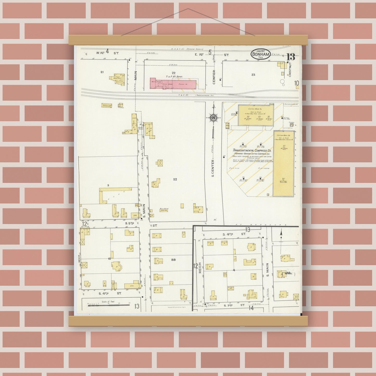 Old map wall art mockup — magnetic wood frame on brick wall — Sanborn Fire Insurance Map from Bonham, Fannin County, Texas (1917), Sheet #0013