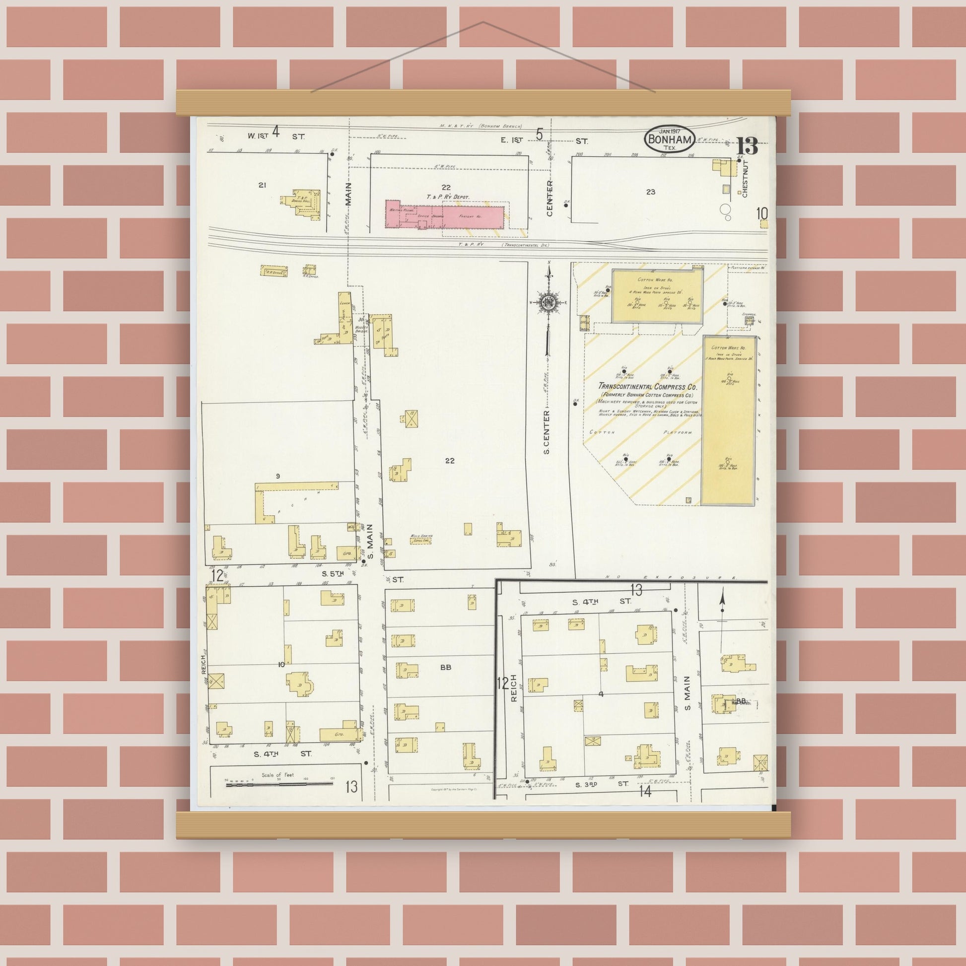 Old map wall art mockup — magnetic wood frame on brick wall — Sanborn Fire Insurance Map from Bonham, Fannin County, Texas (1917), Sheet #0013