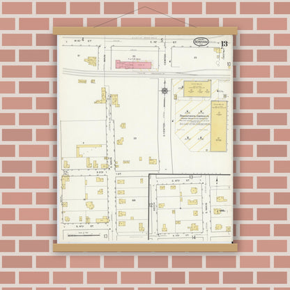Old map wall art mockup — magnetic wood frame on brick wall — Sanborn Fire Insurance Map from Bonham, Fannin County, Texas (1917), Sheet #0013